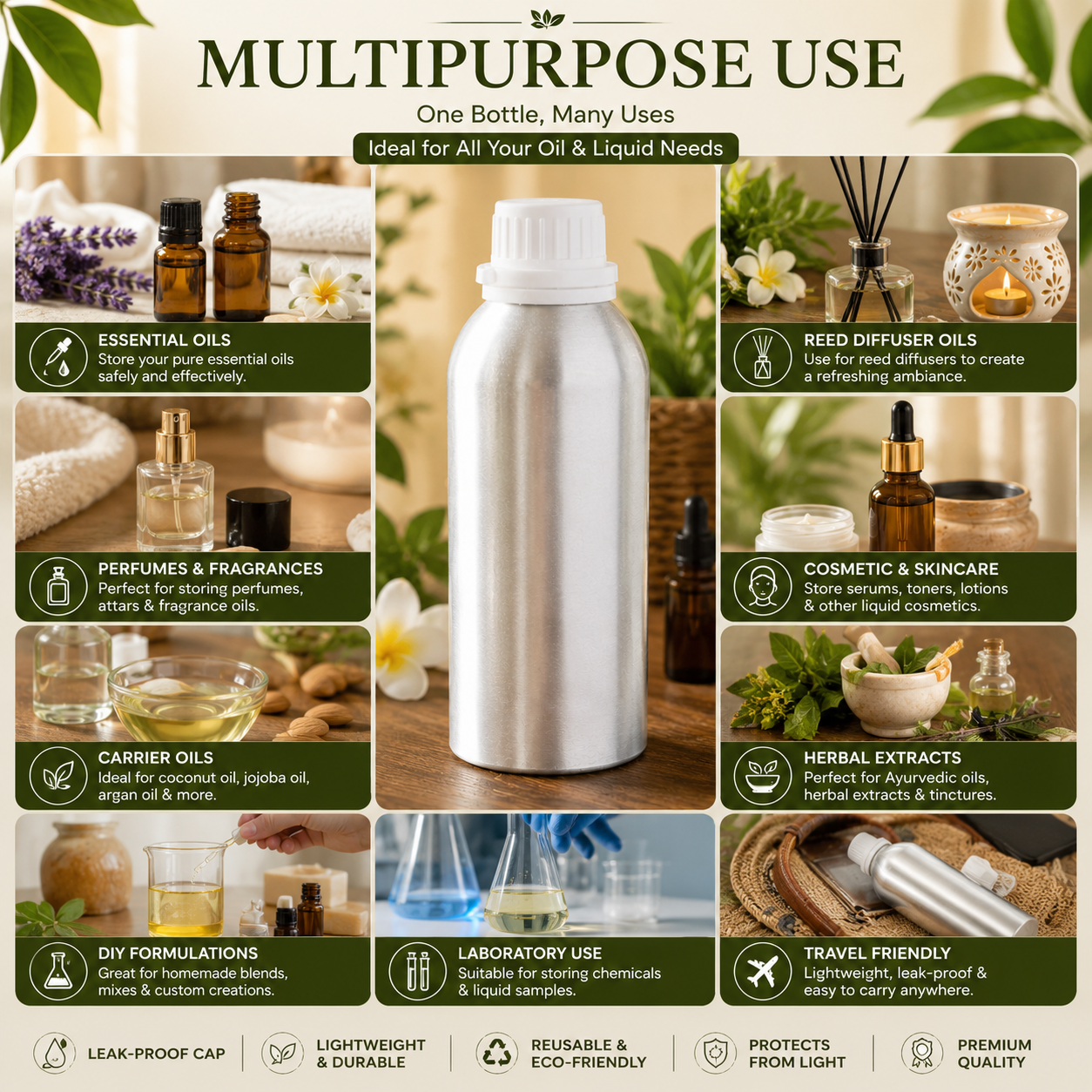 Pure Source India Aluminum Empty Bottle 50ml with Inner Lid & Cap – Ideal for Essential Oils, Oil Blends, Cosmetics and Liquid Storage (Pack of 1)