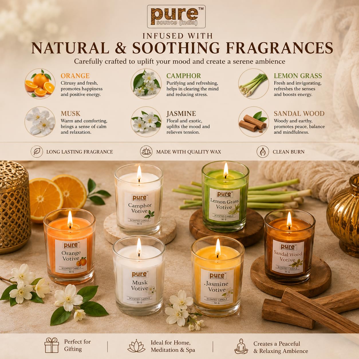 Pure Source India Scented Votive Candle Gift Set of 6 (50g Each) | Premium Glass Jar Candles for Home Décor, Bedroom, Spa, Meditation & Gifting (Orange, Musk & Camphor)