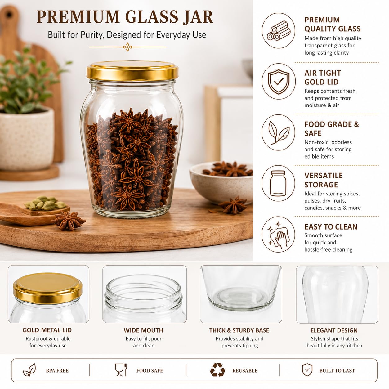 Pure Source India 1000ml Glass Matka Jar with Golden Airtight Lid | Leak-Proof Glass Container for Kitchen, Spices, Dry Fruits, Pickles, Snacks & Multipurpose Storage
