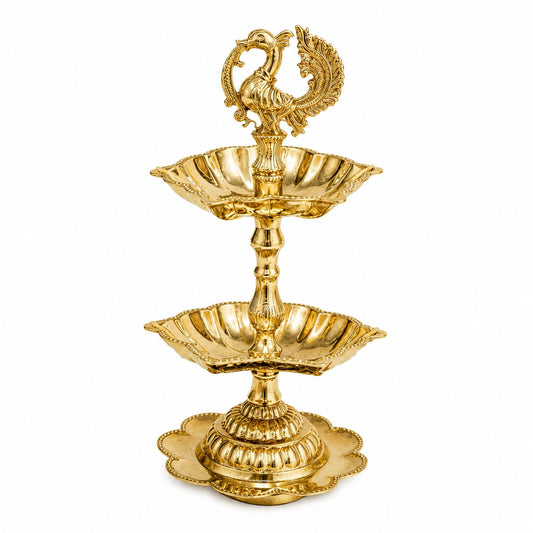 Pure Source India Brass Peacock Diya Stand, 2 Tier | 7L x 7W x 16H cm | Traditional Deepam Lamp for Pooja Room, Temple, Home Mandir, Festivals, Spiritual Decor & Religious Ceremonies