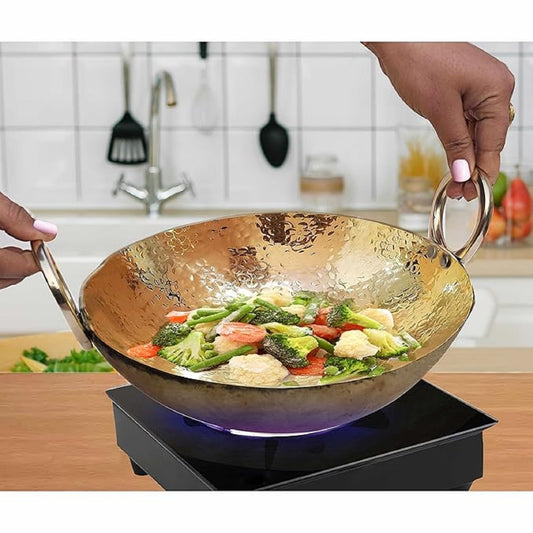 Pure Source India Brass Hammered Kadhai Frying Pan with Handle, 12 Inch 2 L Heavy Brass Cookware | Traditional Indian Kadhai for Cooking, Frying, Kitchen & Gifting