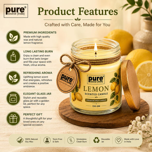 Pure Source India Lemon Scented Jar Candle | 150 GM | Premium Wax Candle | 35-40 Hours Burn Time | Aromatherapy Candle for Home Decor, Bedroom, Spa, Meditation & Gift