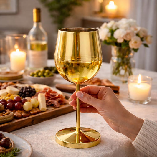 Pure Source India Stainless Steel Gold Plated Wine Glass Set of 2 | 350ML Premium Metal Wine Goblets | 8.5 Inch Elegant Stemware for Home, Party, Dining, Wedding & Gifting