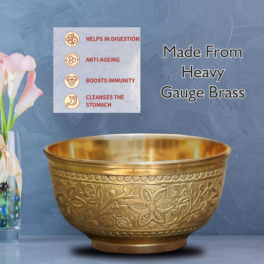 Pure Source India Vintage Style Pure Brass Decorative Bowl with Floral Etching, 3.25 Inch Set of 2 | Traditional Brass Katori for Pooja, Prasad, Dry Fruits, Home Decor & Gifting