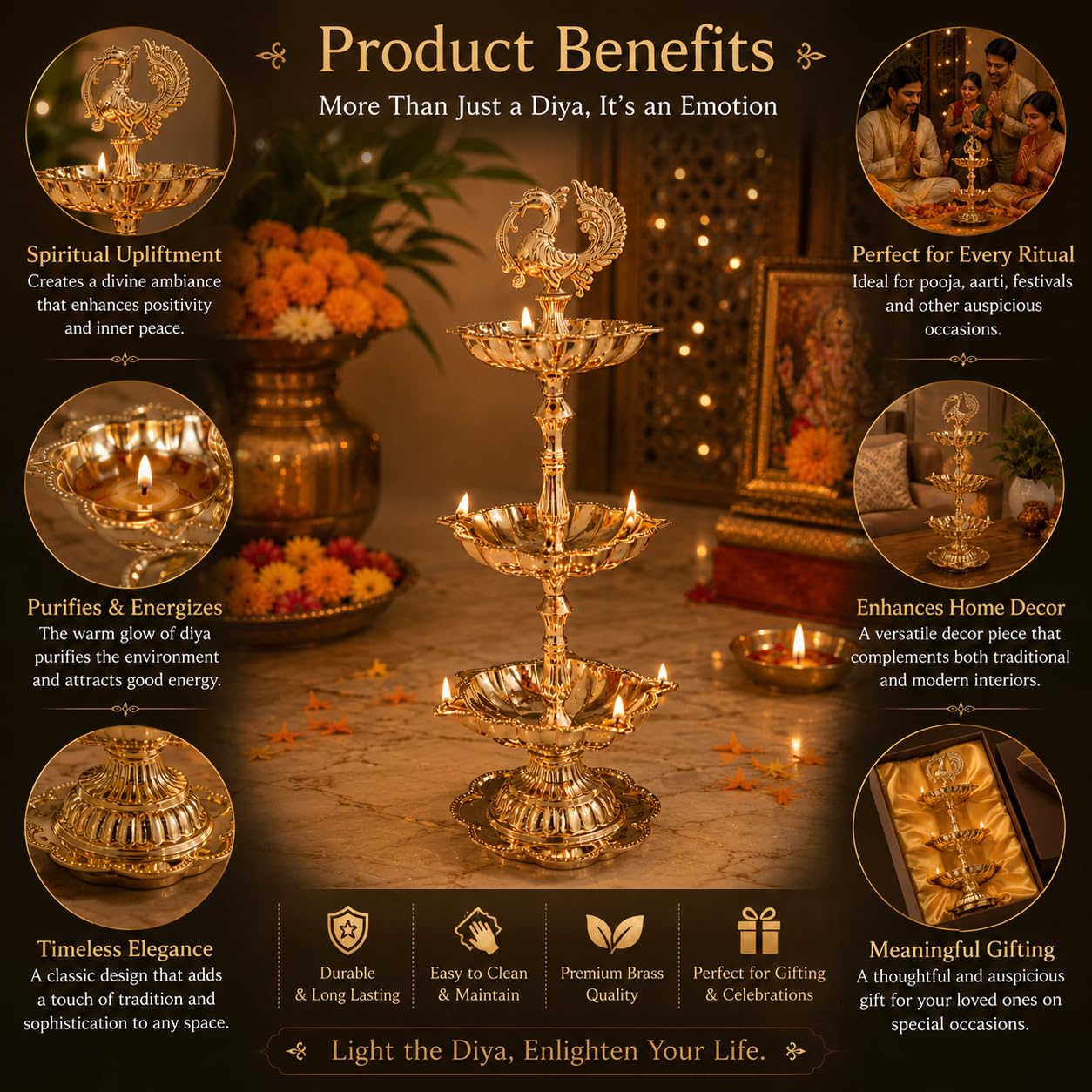 Pure Source India Brass Peacock Diya Stand, 3 Tier | 7L x 7W x 23H cm | Traditional Deepam Lamp for Pooja Room, Temple, Home Mandir, Festivals, Spiritual Decor & Religious Ceremonies
