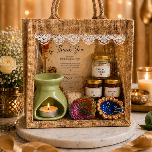 Pure Source India Diwali Pooja Gift Set with Roli Kumkum & Ghee Wicks (Green)