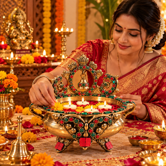 Pure Source India Heavy Brass Urli Bowl with Multicolor Traditional Embellishments – Decorative Indian Centerpiece for Home, Pooja & Festive Décor