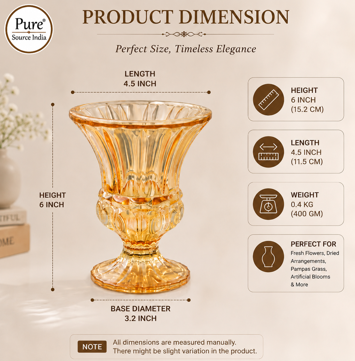 Pure Source India Vintage Amber Glass Vase Decorative Pedestal Vase Floral Centerpiece for Home & Events (6 Inch Flared Top)