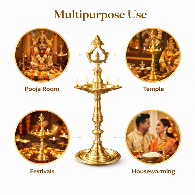 Pure Source India Brass Panchmukhi Oil Lamp, 13 Inch | Traditional Handmade Indian Diya for Pooja, Temple, Home Mandir, Festivals, Diwali & Religious Decor | Brass Deepam