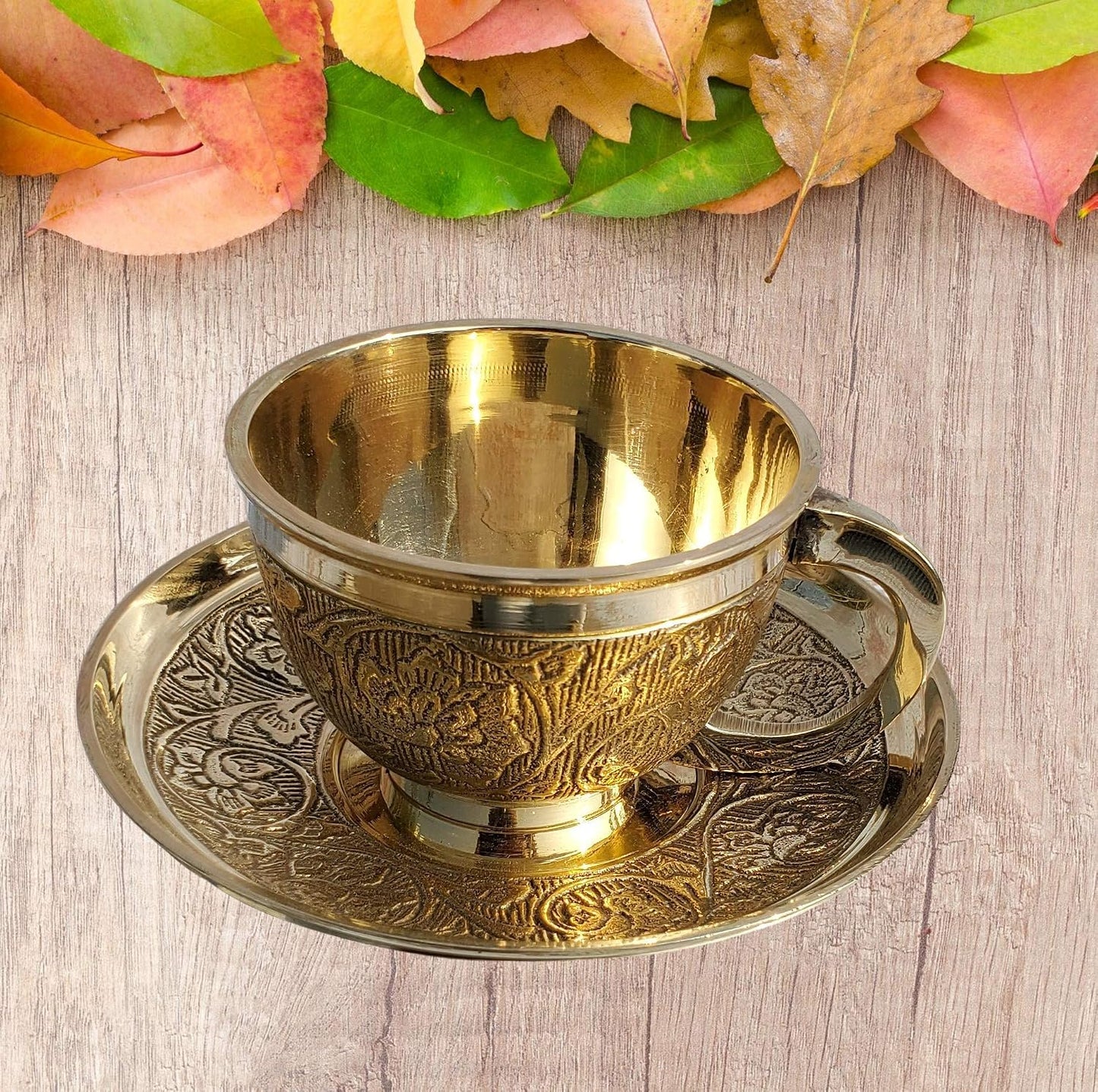 Pure Source India Premium Solid Brass Tea Cup & Saucer Set of 2, 130 ML Golden Brass Chai Coffee Cups | Traditional Indian Tea Cups for Home, Kitchen, Dining & Gifting