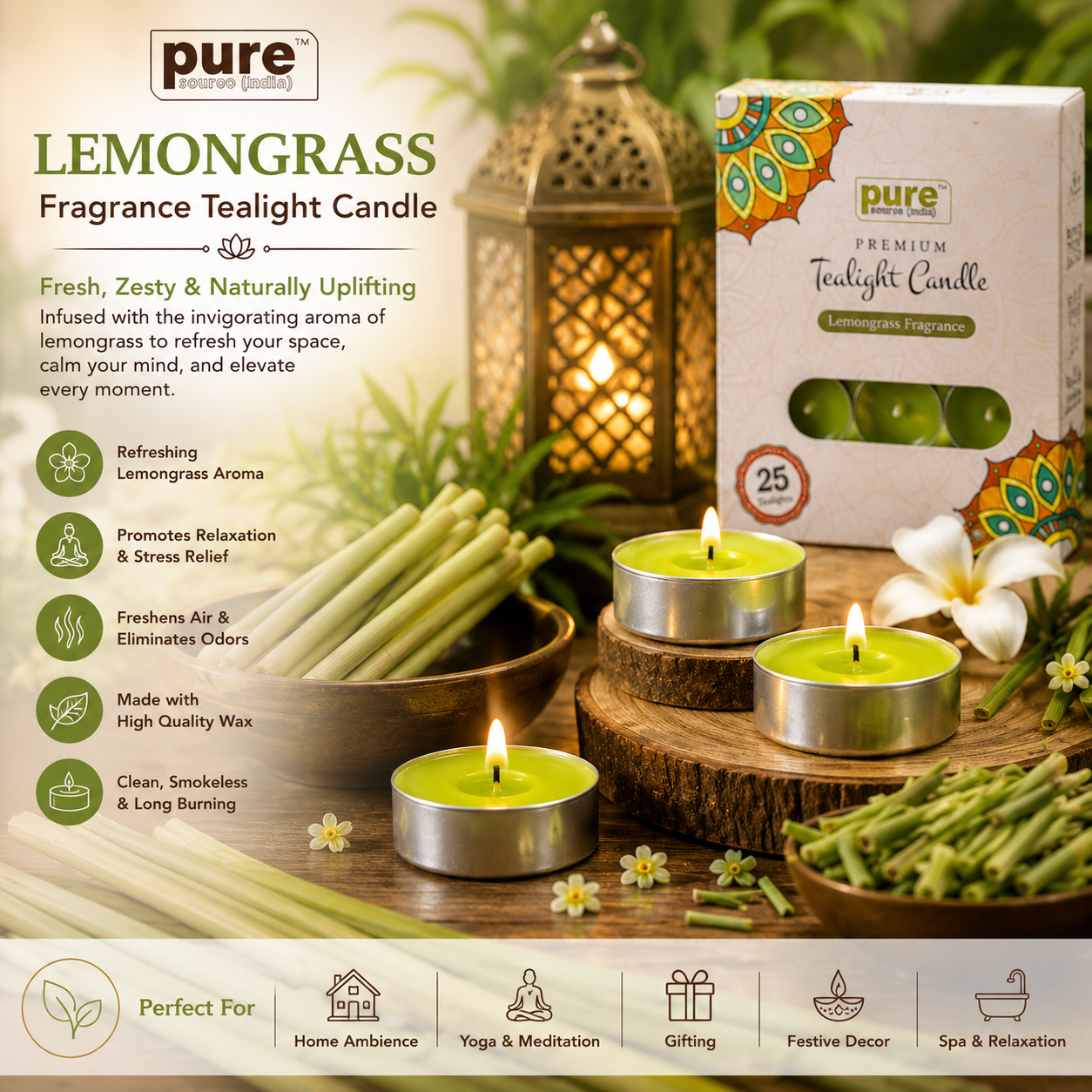 Pure Source India Scented Lemongrass Tea Light Candles Pack of 25 | Fragrance Tealights for Home Decor, Meditation, Pooja, Diwali, Parties & Aromatherapy | Long-Lasting Decorative Candles