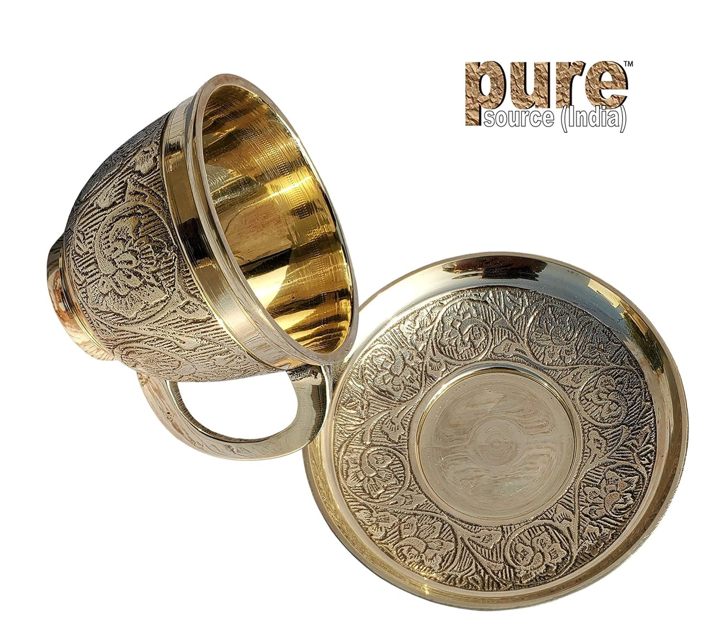 Pure Source India Brass Tea Cup & Saucer Set, 130 ML Golden Brass Tea Cup with Saucer | Traditional Indian Chai Coffee Cup for Home, Kitchen, Dining, Pooja & Gifting