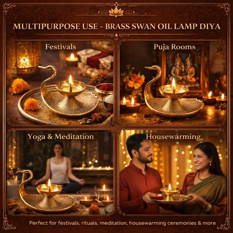 Pure Source India Brass Swan Design Diya Oil Lamp Stand, 4.8 Inch | Traditional Decorative Deepam for Hindu Pooja Room, Home Temple, Mandir, Aarti, Festivals & Spiritual Decor