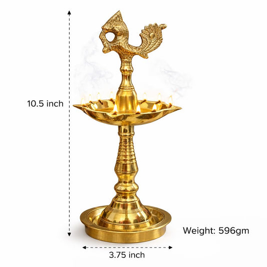 Pure Source India Panchmukhi Brass Oil Lamp, Traditional Peacock Diya | 10.5 Inch Tall Deepam for Pooja, Aarti, Diwali, Home Temple, Mandir & Religious Ceremonies