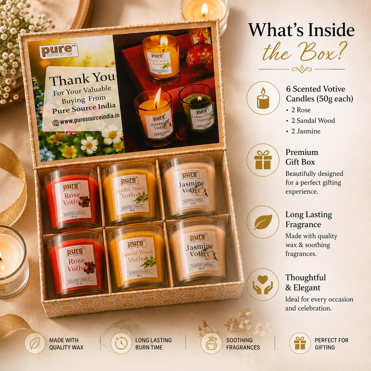 Pure Source India Scented Votive Candle Gift Set of 6 (50g Each) | Premium Glass Jar Candles for Home Décor, Bedroom, Spa, Meditation & Gifting (Rose, Sandalwood, Jasmine)