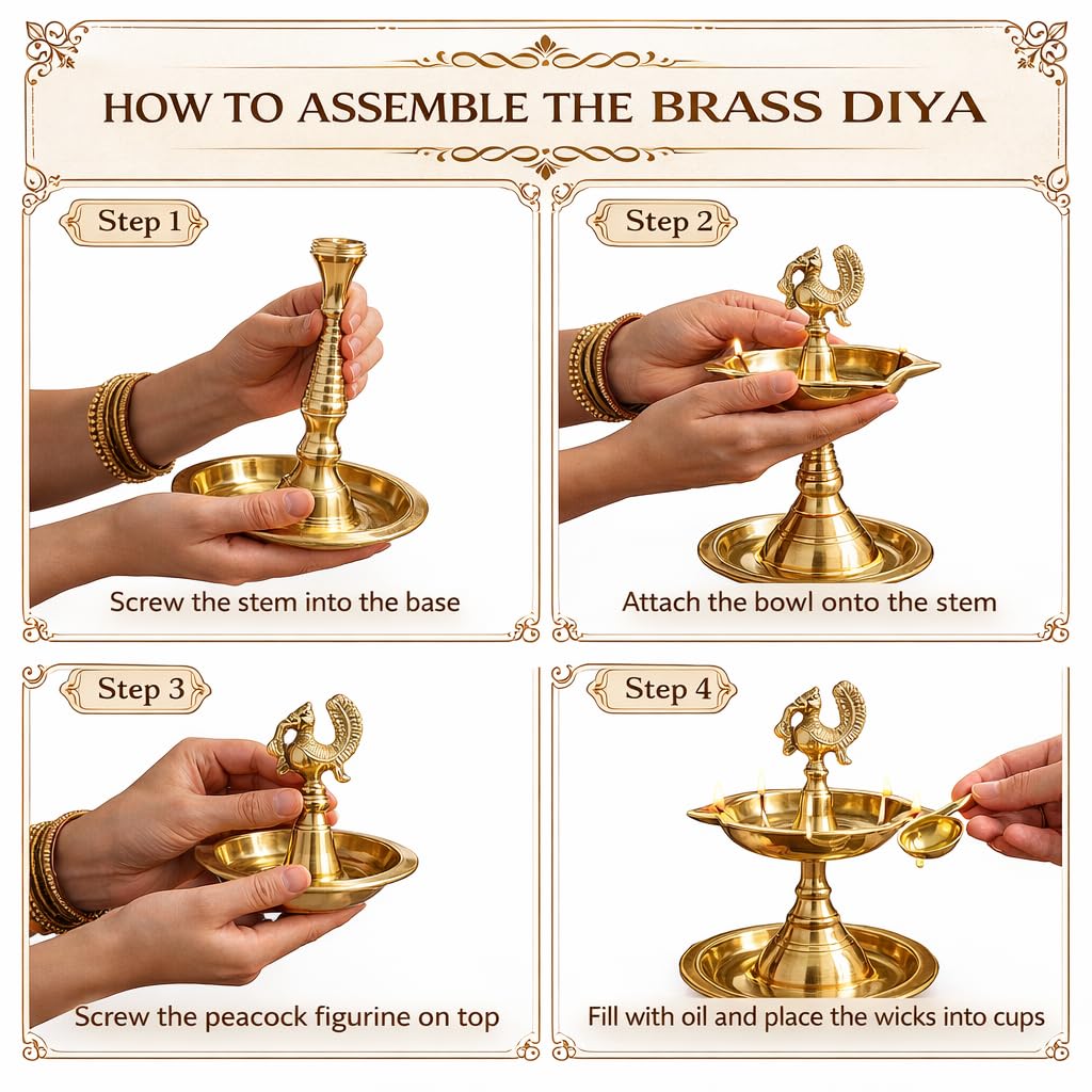 Pure Source India Panchmukhi Brass Oil Lamp, Traditional Peacock Diya | 12.5 Inch Tall Deepam for Pooja, Aarti, Diwali, Home Temple, Mandir & Religious Ceremonies