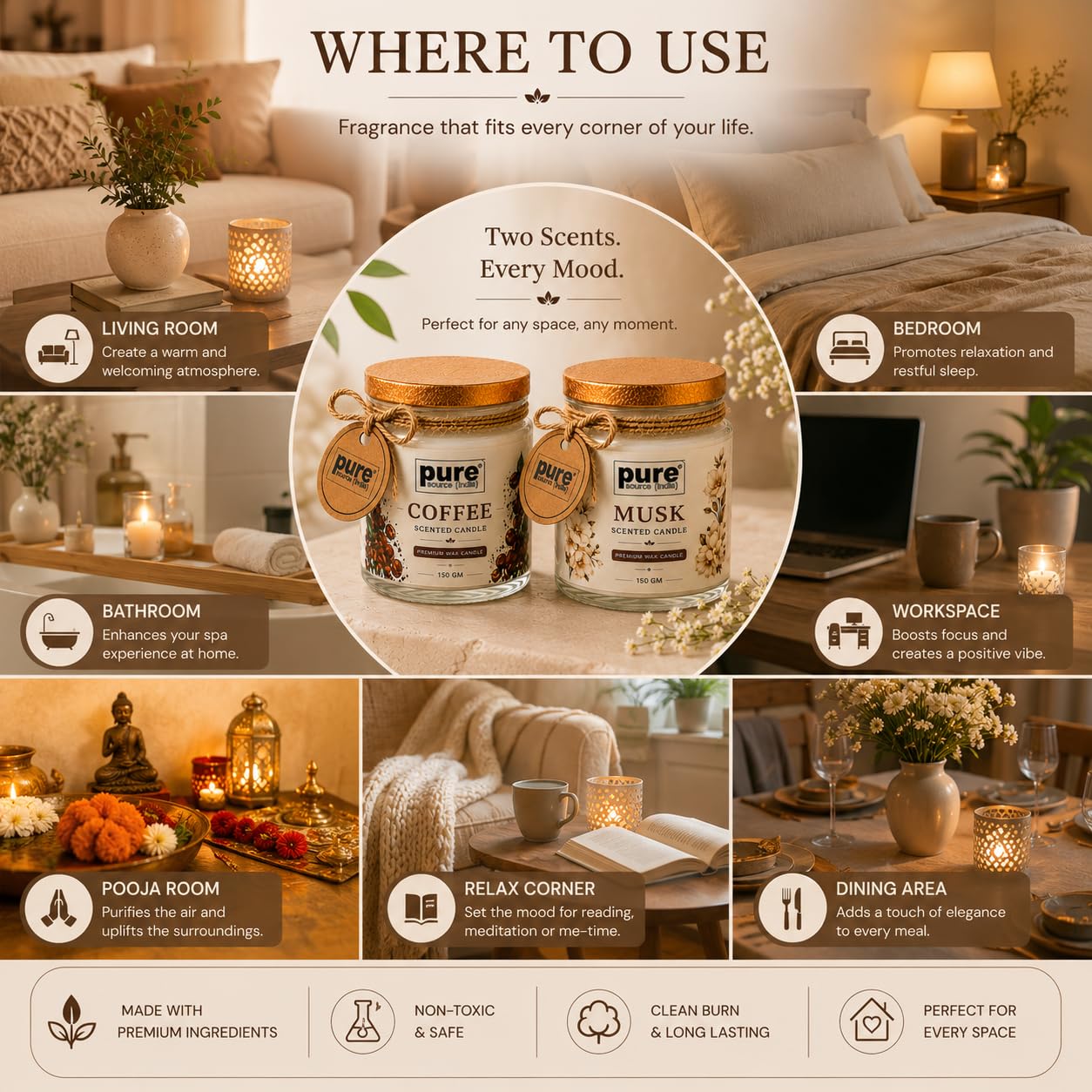Pure Source India Scented Jar Candle Set of 2 (Coffee & Musk) | 150g Each | Premium Wax Candles | 35-40 Hours Burn Time | Aromatherapy Candles for Home Decor, Diwali, Bedroom, Spa & Gifts