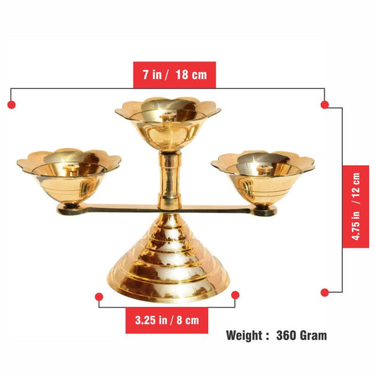 Pure Source India Pure Brass 3 Mukhi Flower Design Diya, 8 x 4.75 Inch | Traditional Brass Oil Lamp for Mandir, Pooja Room, Home Temple, Aarti, Diwali & Festivals