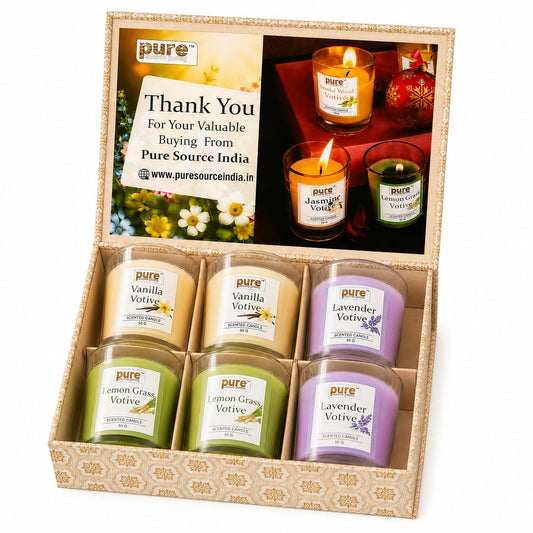 Pure Source India Scented Votive Candle Gift Set of 6 (50g Each) | Premium Glass Jar Candles for Home Décor, Bedroom, Spa, Meditation & Gifting (Vanilla, Lemongrass, Lavender)