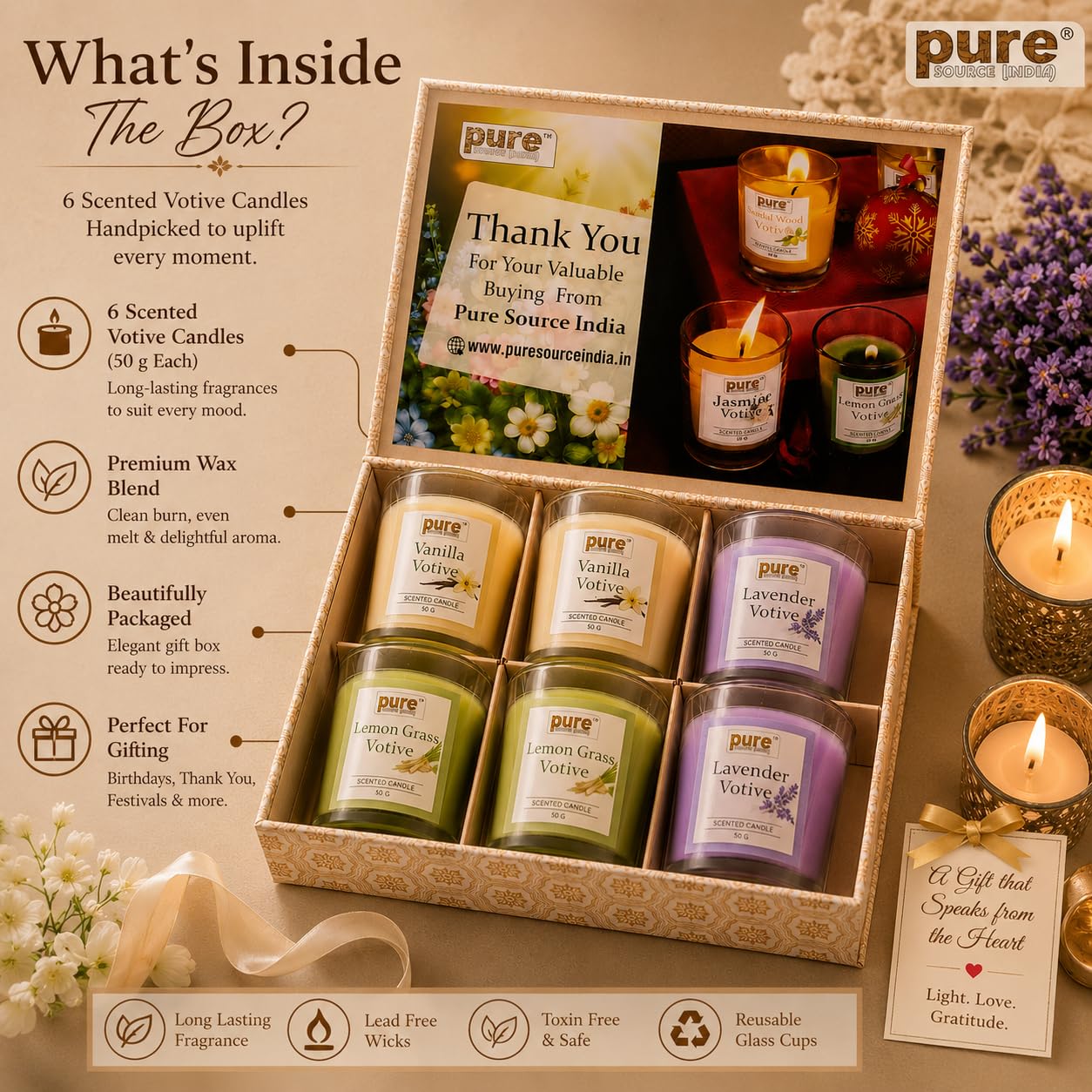 Pure Source India Scented Votive Candle Gift Set of 6 (50g Each) | Premium Glass Jar Candles for Home Décor, Bedroom, Spa, Meditation & Gifting (Vanilla, Lemongrass, Lavender)