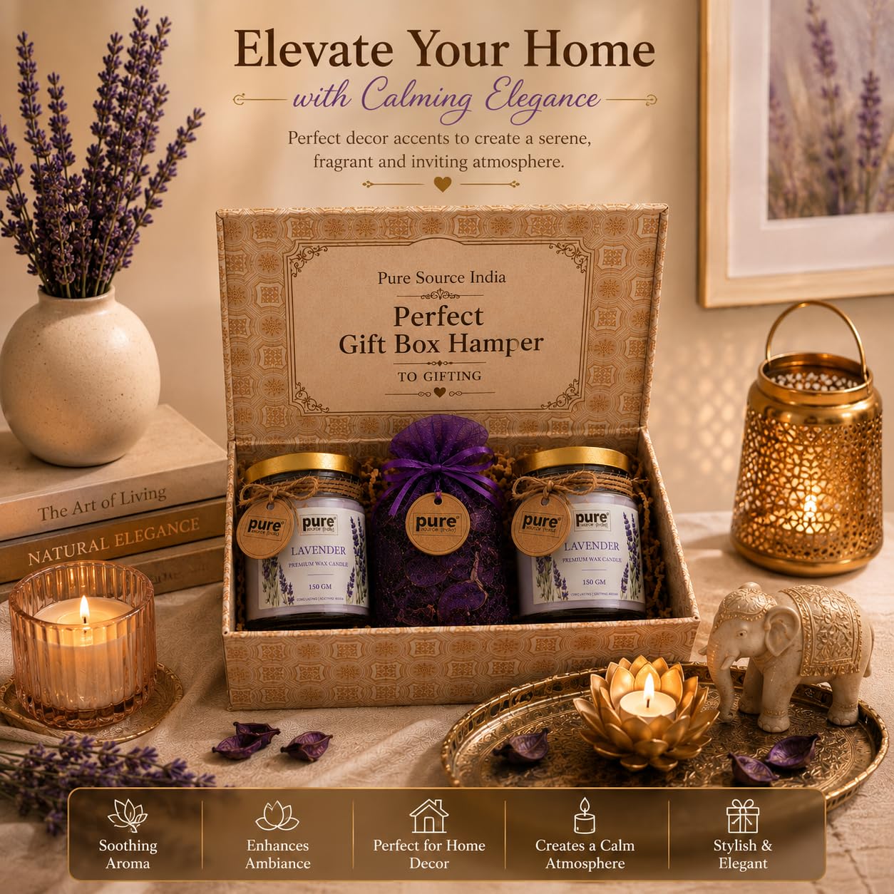 Pure Source India Luxury Festive Gift Box Hamper with Lavender Scented Candles & Purple Potpourri| Premium Gift Set