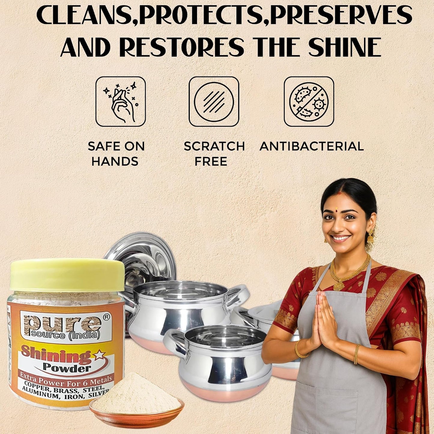 Pure Source India Shining Powder for Brass & Copper | Metal Cleaner for Utensils & Pooja Items | Removes Stains & Restores Shine -100GM