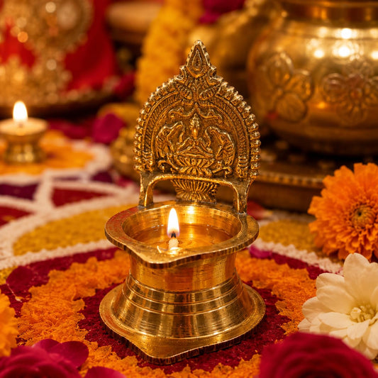 Pure Source India 14 cm Brass Ganesh Diya for Pooja | Traditional Decorative Oil Lamp with Auspicious Ganesh Backplate | Brass Deepam for Temple, Home Mandir, Diwali & Festivals