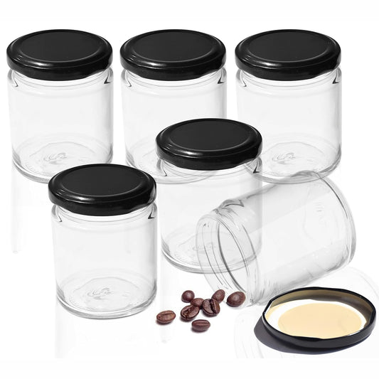 Pure Source India 50 g Crystal Clear Round Glass Jar with Black Cap, Set of 6 | Airtight Food-Grade Storage Container | Rust-Free Jar for Spices, Dry Fruits, Sugar, Tea, Coffee & Kitchen Storage
