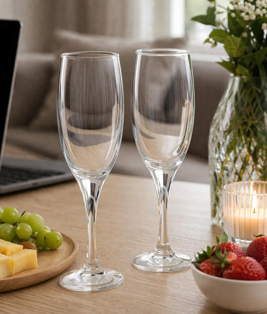 Pure Source India 200ml Wine Glass Set of 2 | Elegant Clear Glass Champagne Flutes | Durable Stemware for Wine, Champagne, Cocktails, Mocktails, Party, Dining & Home Use