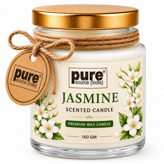 Pure Source India Jasmine Scented Jar Candle | 150 GM | Premium Wax Candle | 35-40 Hours Burn Time | Aromatherapy Candle for Home Decor, Bedroom, Spa, Meditation & Gift