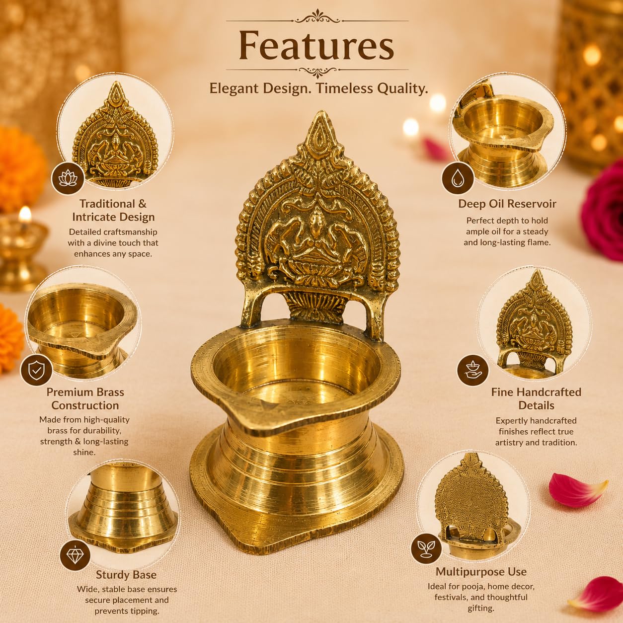 Pure Source India Brass Lakshmi Diya with Deepam Stand, 9.4 cm | Traditional Handmade Oil Lamp for Pooja, Home Temple, Diwali, Navratri, Festivals, Spiritual Décor & Gifting