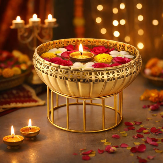 Pure Source India Metal Urli Bowl with Stand, Gold Finish, 6.8 Inch | Decorative Pedestal Bowl for Home Decor, Floating Flowers, Diya, Pooja, Diwali, Festivals & Center Table