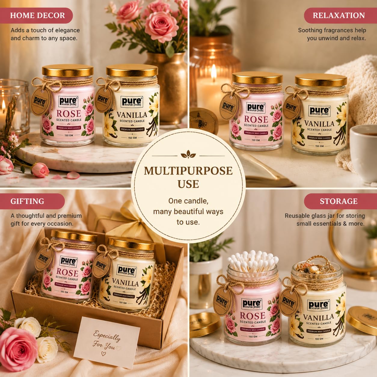 Pure Source India Scented Jar Candle Set of 2 (Rose & Vanilla) | 150 g Each | Premium Wax Candles | 35–40 Hours Burn Time | Aromatherapy Candles for Home Decor, Diwali, Bedroom, Spa & Gifting