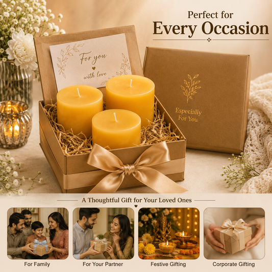 Pure Source India Paraffin Wax Scented Pillar Candles for Home Decor Smokeless & Dripless Candle (Sandalwood - Yellow) Set of 3