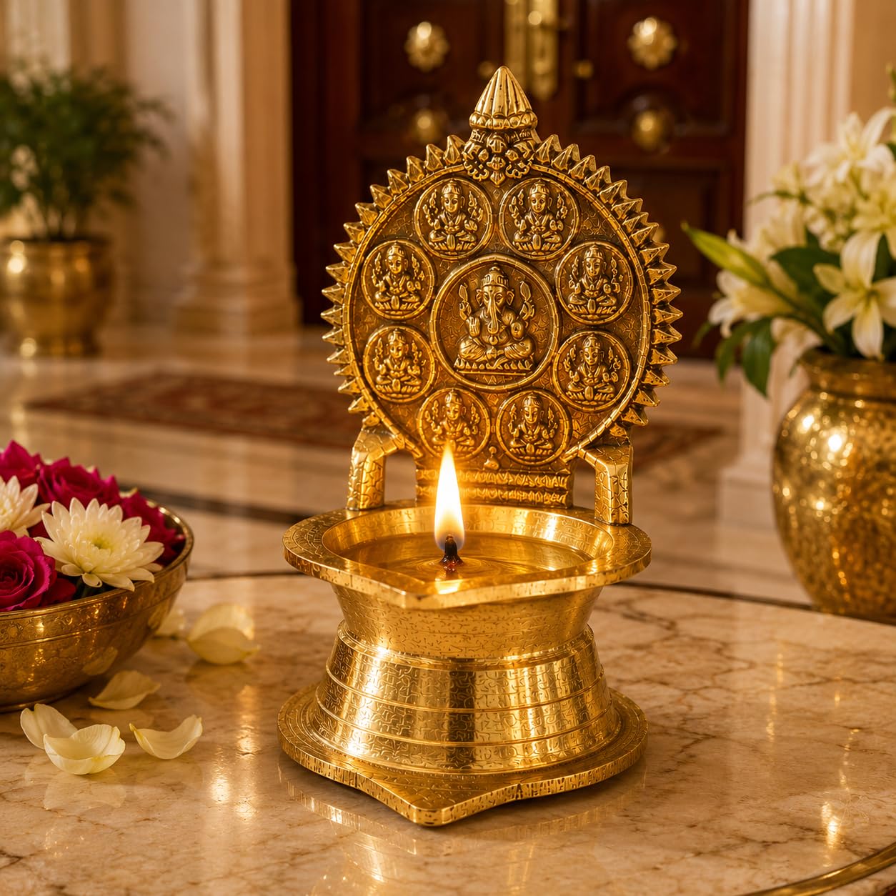 Pure Source India 14 cm Brass Ganesh Diya for Pooja | Traditional Decorative Oil Lamp with Auspicious Ganesh Backplate | Brass Deepam for Temple, Home Mandir, Diwali & Festivals