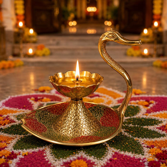 Pure Source India Brass Swan Diya for Pooja, 8 cm | Hand-Painted Flower Oil Lamp with Decorative Tray | Traditional Deepak for Home Temple, Diwali, Festivals, Home Decor & Gifting