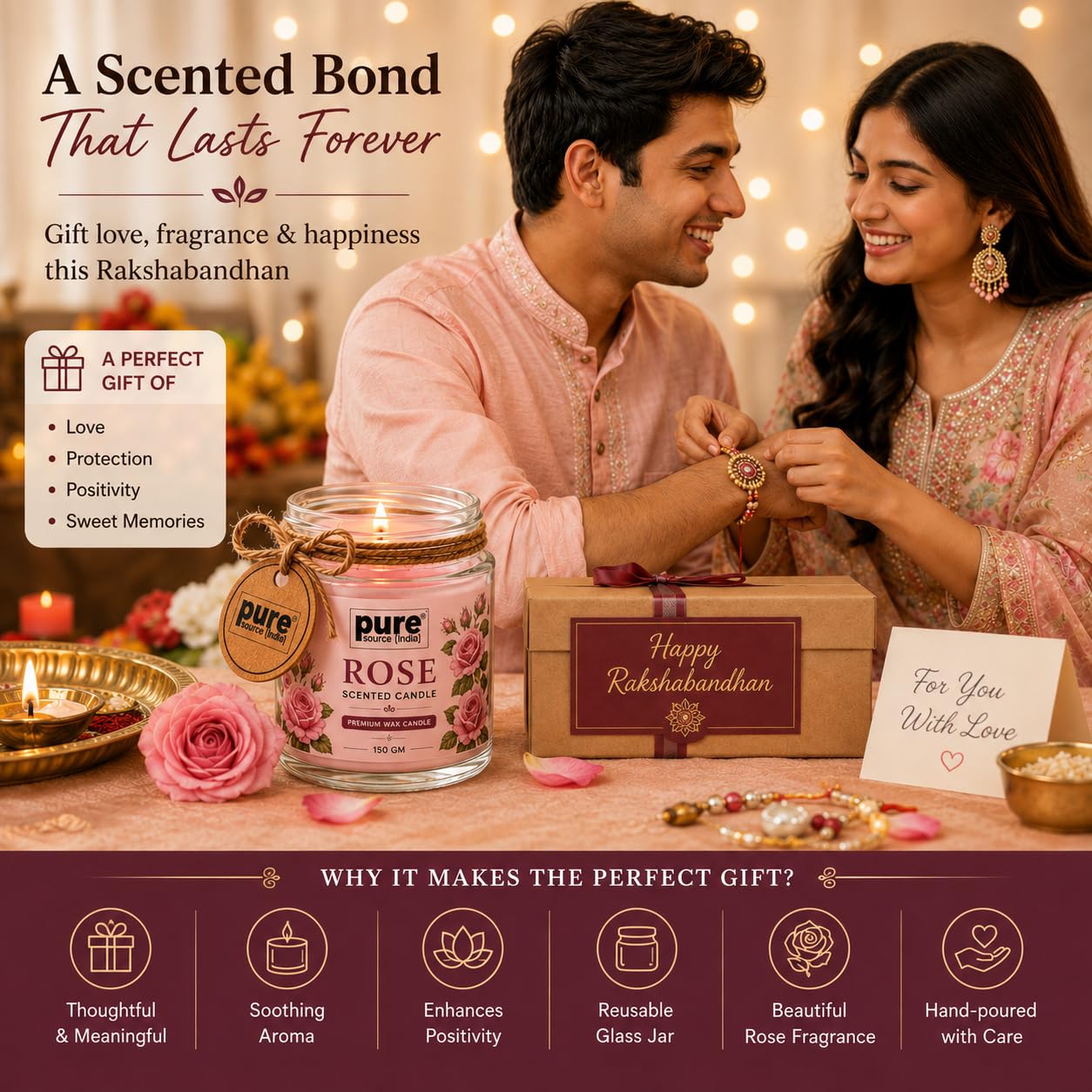 Pure Source India Rose Scented Jar Candle | 150 GM | Premium Wax Candle | 35-40 Hours Burn Time | Aromatherapy Candle for Home Decor, Bedroom, Spa, Meditation & Gift