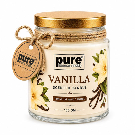 Pure Source India Vanilla Scented Jar Candle | 150 GM | Premium Wax Candle | 35-40 Hours Burn Time | Aromatherapy Candle for Home Decor, Bedroom, Spa, Meditation & Gift