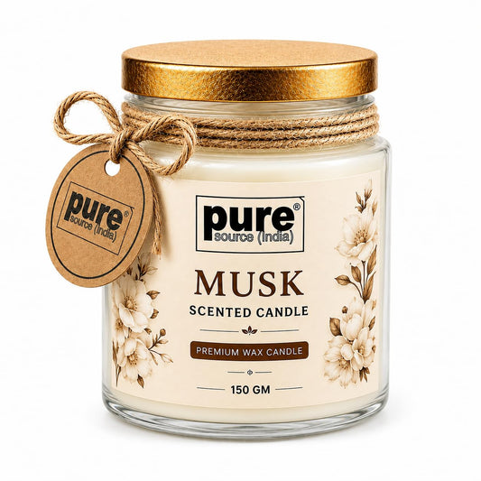 Pure Source India Premium Musk Scented Wax Candle, 150 g | Woody Fragrance | 35–40 Hours Burn Time | Smokeless & Long-Lasting Aromatherapy Candle for Home Decor, Meditation, Diwali, Yoga & Gifting