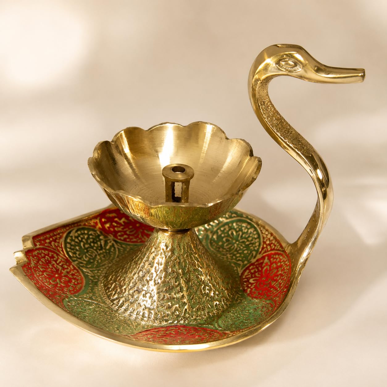 Pure Source India Brass Swan Diya for Pooja, 8 cm | Hand-Painted Flower Oil Lamp with Decorative Tray | Traditional Deepak for Home Temple, Diwali, Festivals, Home Decor & Gifting