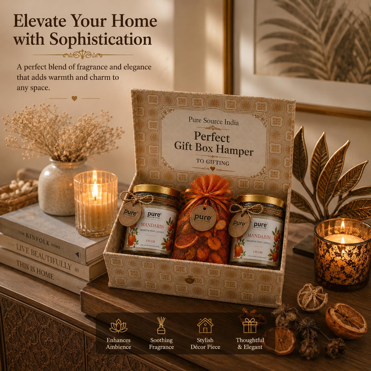 Pure Source India Luxury Festive Gift Box Hamper with Mandarin Scented Candles & Orange Potpourri