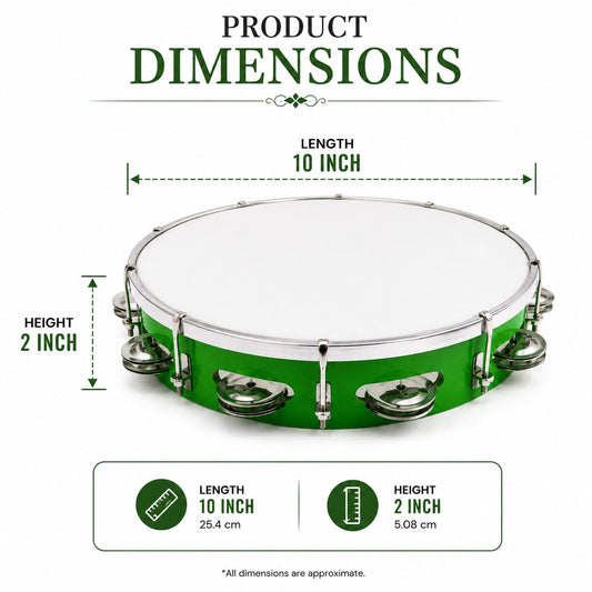 Pure Source India 10 Inch Dapli Handheld Tambourine | Single Row Metal Jingles Percussion Instrument | Lightweight Musical Drum for Kids & Adults | Ideal for Bhajan, Kirtan, Pooja, Aarti, Garba & Cultural Events | Green
