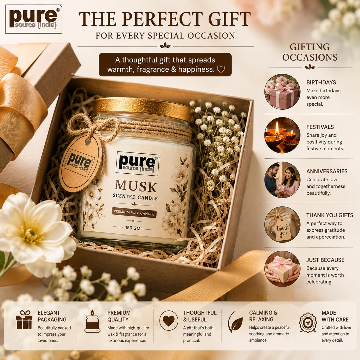 Pure Source India Premium Musk Scented Wax Candle, 150 g | Woody Fragrance | 35–40 Hours Burn Time | Smokeless & Long-Lasting Aromatherapy Candle for Home Decor, Meditation, Diwali, Yoga & Gifting
