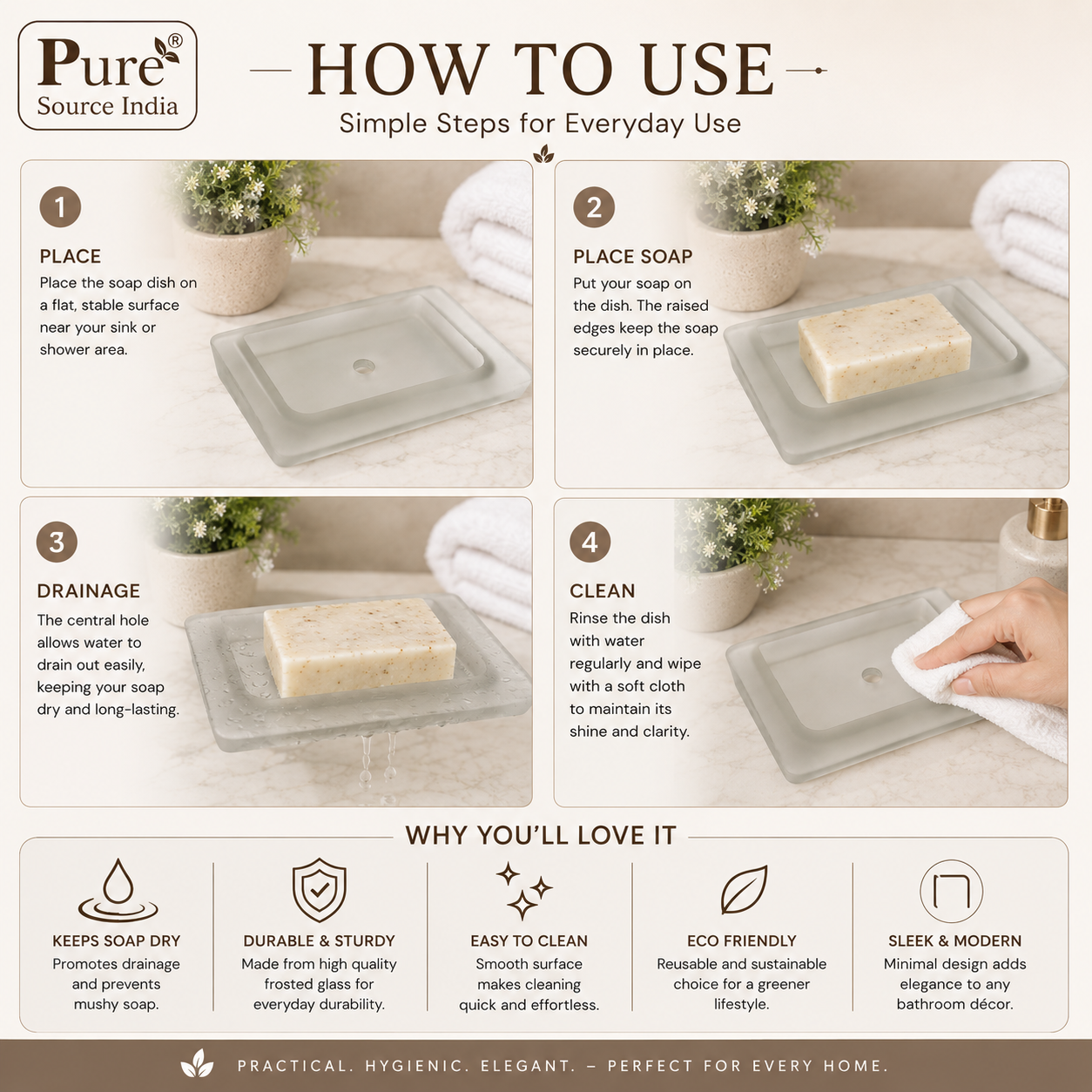 Pure Source India Stylish Durable Rectangular Design Glass Frosted Soap Dish for Hand Cleanser, Body Wash, Bathroom Shower Use