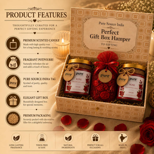 Pure Source India Luxury Festive Gift Box Hamper with Rose Scented Candles & Red Potpourri| Premium Gift Set