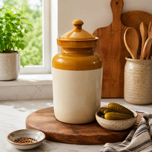 Pure Source India 5kgs Ceramic Pickle Jar with Lid -Ivory and Brown