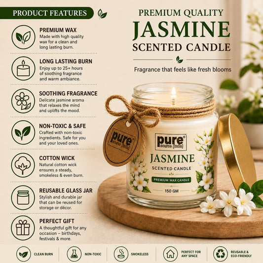 Pure Source India Jasmine Scented Jar Candle | 150 GM | Premium Wax Candle | 35-40 Hours Burn Time | Aromatherapy Candle for Home Decor, Bedroom, Spa, Meditation & Gift