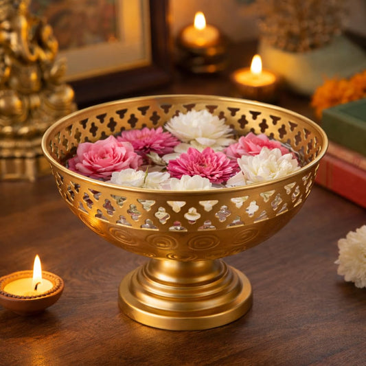 Pure Source India Decorative Metal Pedestal Bowl with Cutwork Design, 6.2 Inch | Golden Geometric Pattern | Multipurpose Urli Bowl for Home Decor, Flowers, Potpourri, Diya & Festive Decoration