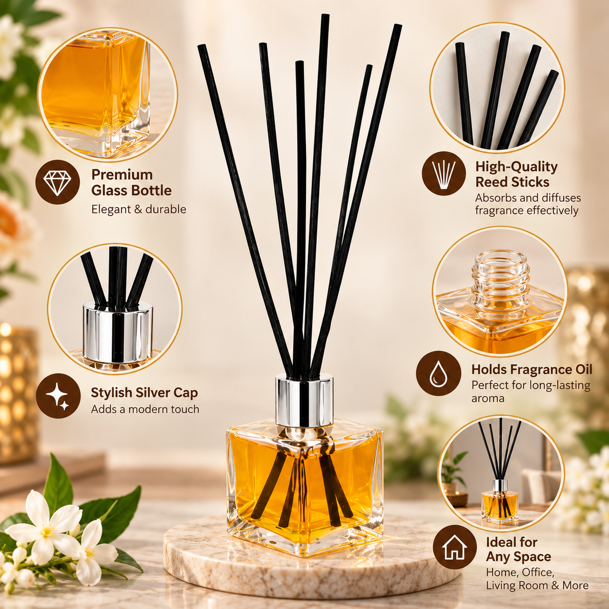 Pure Source India Empty Square Reed Diffuser Glass Bottle Coming with 6 Pcs Black Reed Sticks (30ML)