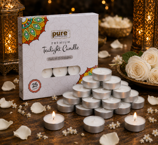 Pure Source India Scented Jasmine Tea Light Candles, Pack of 25 | Fragrance Tealight Candles for Home Decor, Pooja, Meditation, Diwali, Parties, Spa & Aromatherapy | Decorative Long-Lasting Candles